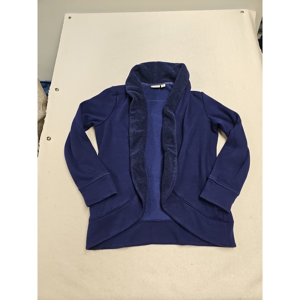LL Bean Navy Blue Sherpa Lined Shawl Collar Open Front Cardigan Fleece Jacket XS